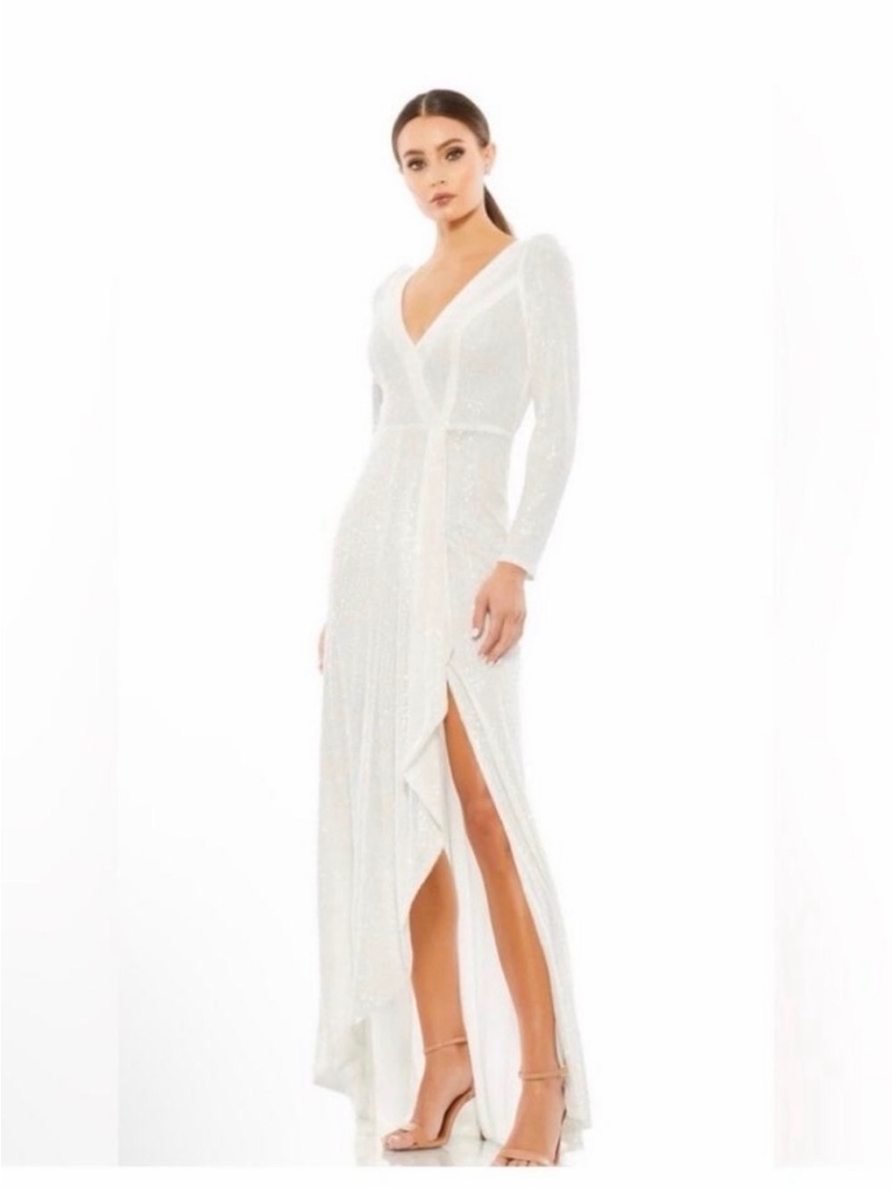 MacDuggal🌹Elegant White Sequin Wrap Maxi Dress